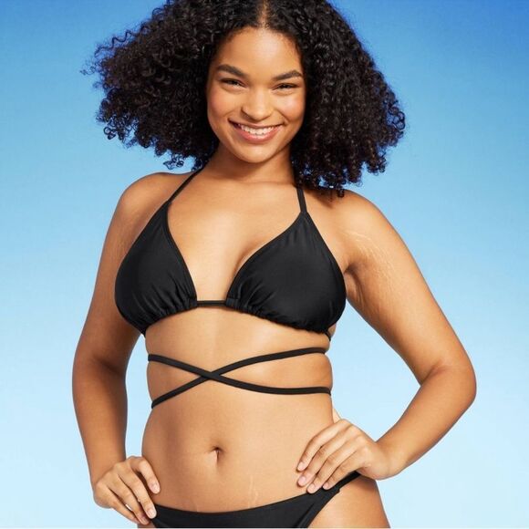NWT Wild Fable Large (12-14) Solid Black Triangle Wrap Bikini Swim Top - Picture 2 of 8